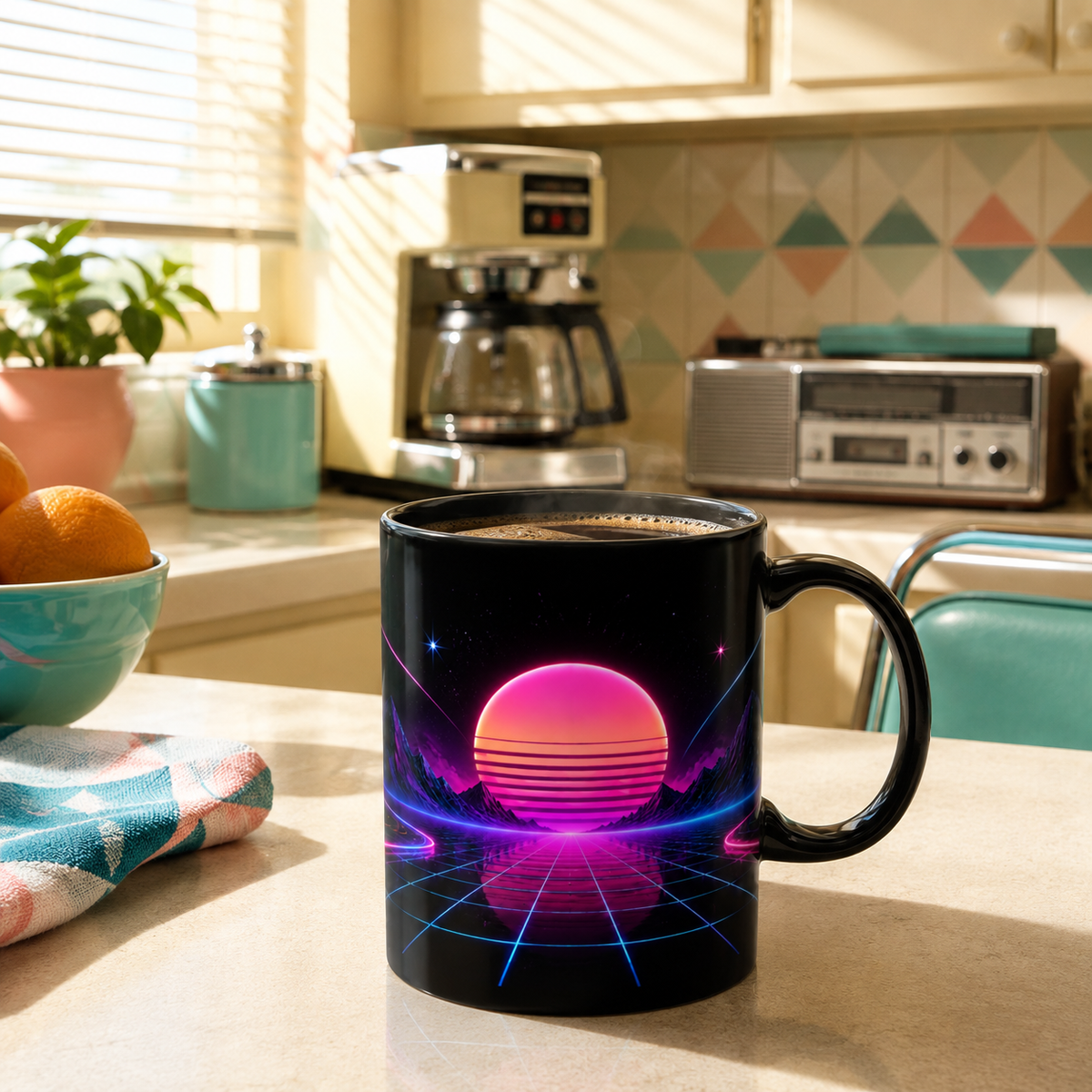 Retro 80s Neon Tasse – Synthwave Sunset