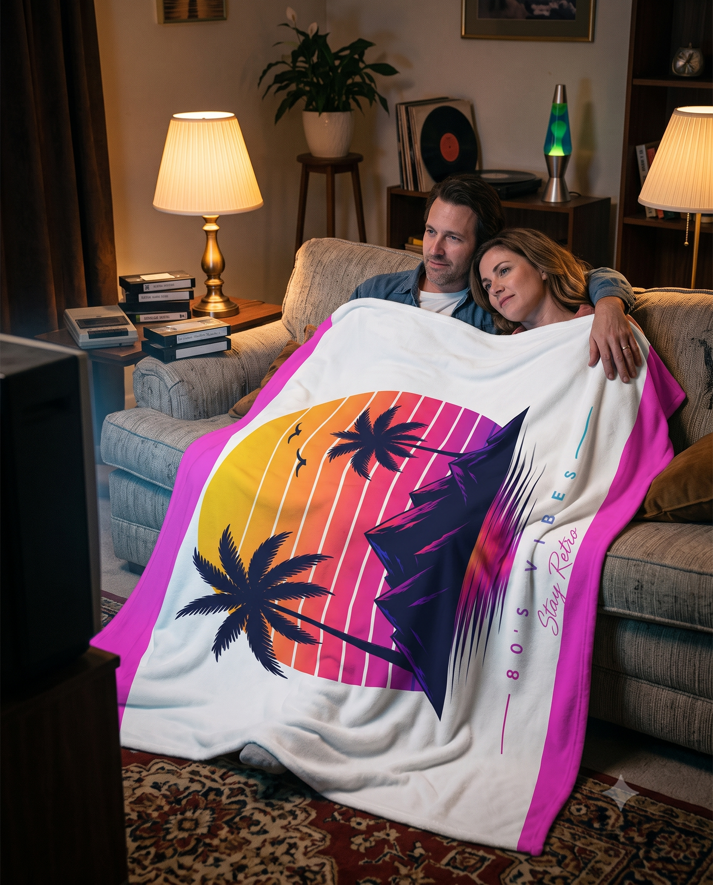 80s Vibes Sherpa Blanket – Retro Sunset