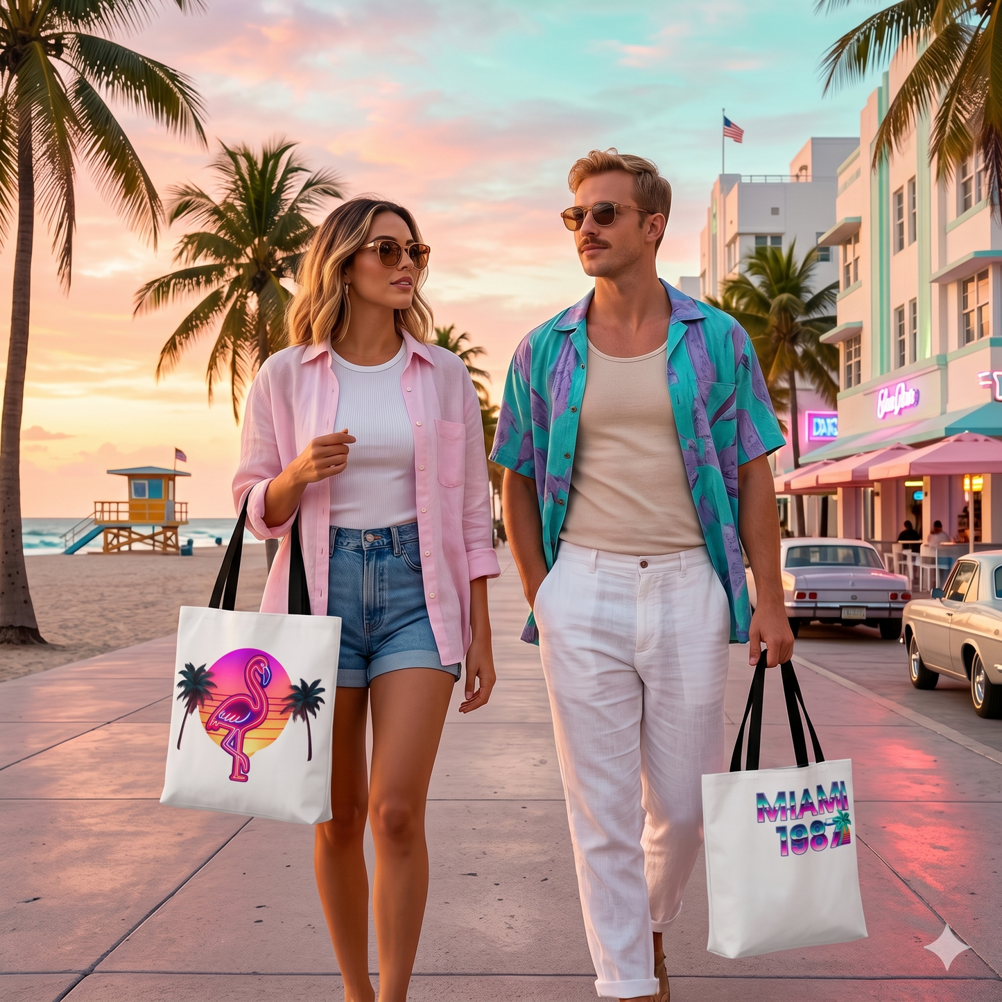 Miami 1987 Retro Neon Tote Bag